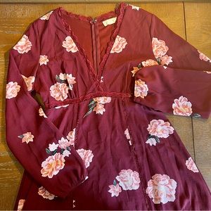 Altar’d State Burgundy Floral Long Sleeve Dress - Size Medium